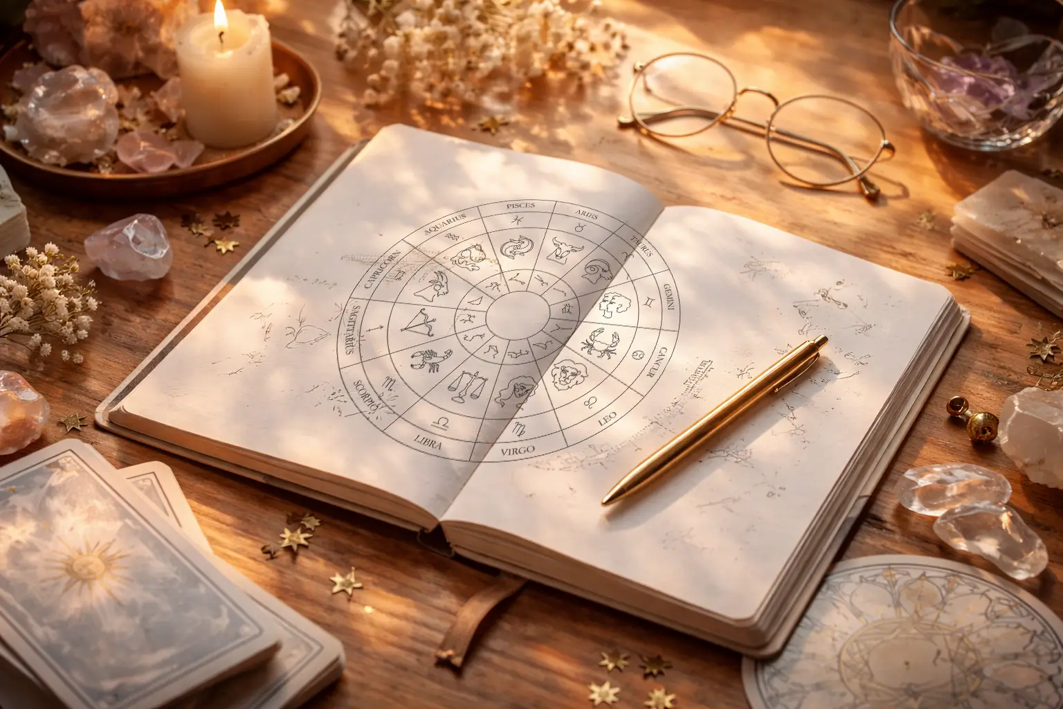 Carnet ouvert et symboles astrologiques discrets, ambiance douce et claire