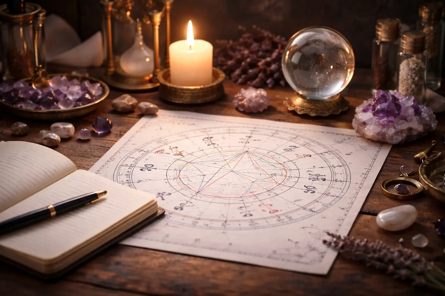 Carnet ouvert, symboles astrologiques discrets, ambiance introspective